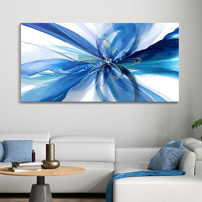HKDGOKA Large Canvas Wall Art - Blue White Abstrac Gradient Flower Modern Paintings Picture Prints Ready to Hang Living Room Bedroom Dining Room Office Hallway Home Decor 29x58 IN