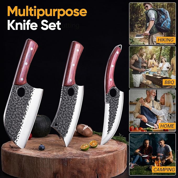 Butcher Knife Set, 3PCS Hand Forged Meat Cleaver, Sharp Serbian Chef Knife & Kitchen Knives & Viking Knives Set for Meat Cutting, Boning Knives for Home、Camping、BBQ Gifts Idea Men