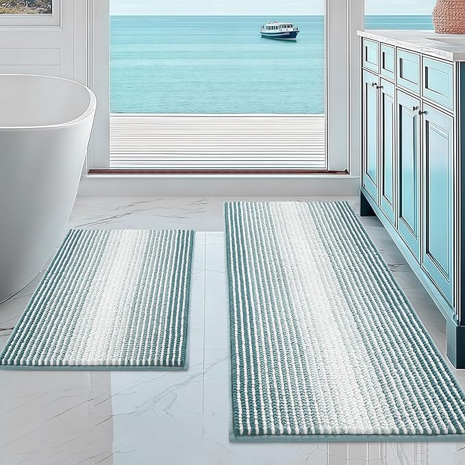 BSICPRO Bathroom Rugs and Mats Sets, 2 Piece Thick Absorbent Chenille Non Slip, Soft Shaggy Floor Mats, Machine Washable (Sea Green, 20" x 47" Plus 16" x 24")