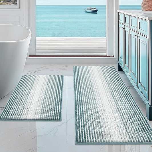 BSICPRO Bathroom Rugs and Mats Sets, 2 Piece Thick Absorbent Chenille Non Slip, Soft Shaggy Floor Mats, Machine Washable (Sea Green, 20" x 47" Plus 16" x 24")