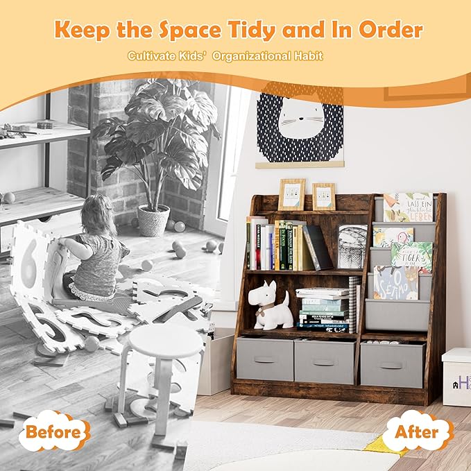 Rustic Kids Bookshelf Wood Montessori Toy Storage Organizer Cabinet Shelf Child Bookcase Toddler Baby Sling Book Rack 3 Cube Bin Fabric Drawers for Playroom Bedroom Nursery School