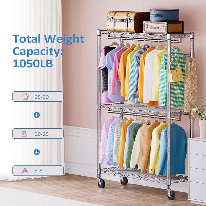 IZEUK Heavy Duty Garment Rack on Wheels, Rolling Closet Rack for Hanging Clothes with 2 Clothes Rods, 3 Tiers & Side Hooks, Freestanding Adjustable Metal Wardrobe,15.7" D x 45.3" W x 79.6" H, Chrome