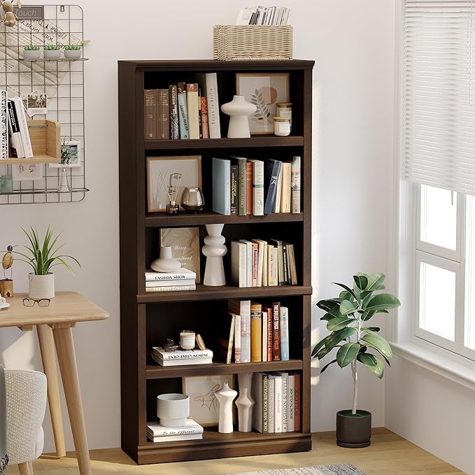 blini 5-Shelf Tall Bookcase Wooden Bookshelves 33in Wide Floor Standing Display Storage Book Shelves 70 in Dark Cherry Bookcase for Home Office, Living Room, Bed Room