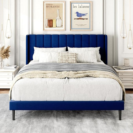 Queen Size Bed Frame with Upholstered Wingback Headboard, Easy Assemnly Platform Bed, Wooden Slat Support No Box Spring Needed, Navy Blue