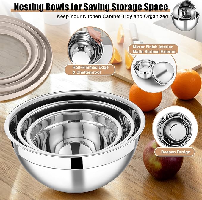 E-far Mixing Bowls with Lids and Graters, Stainless Steel Salad Mixing Bowl with Transparent Lid Set of 3, Metal Nesting Salad Storage for Kitchen Prepping/Serving/Baking, 4.6/2.6/1.5QT - Khaki