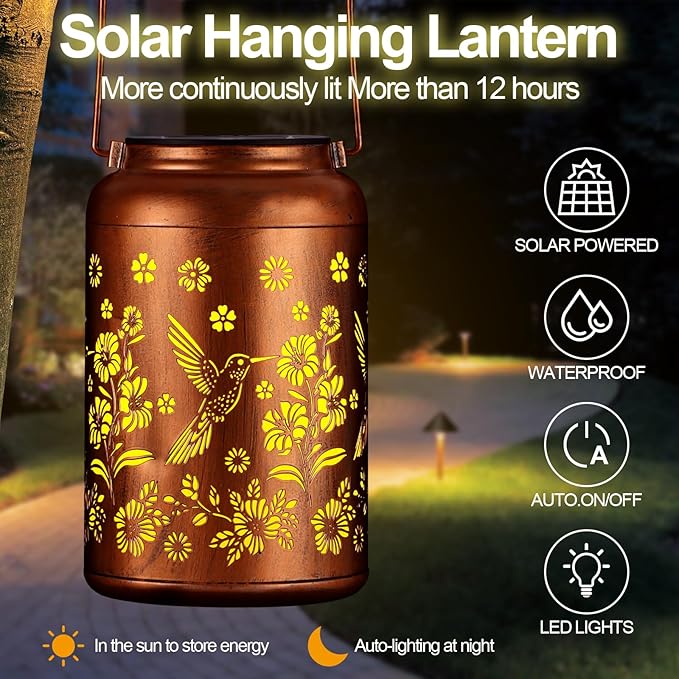 Solar Lanterns Outdoor, Waterproof Hanging Metal Solar Lanterns LED Decoration for Garden, Yard, Patio - Perfect Birthday Gifts for Women Mom Grandma(Hummingbird)