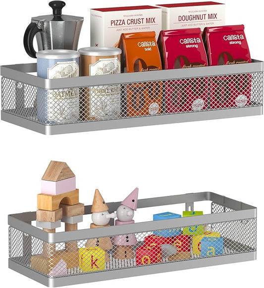 PUSDON Metal Wall Hanging Basket 2 Packs DIY Suitable for Multiple Scenes - Middle Silver Grey Netting