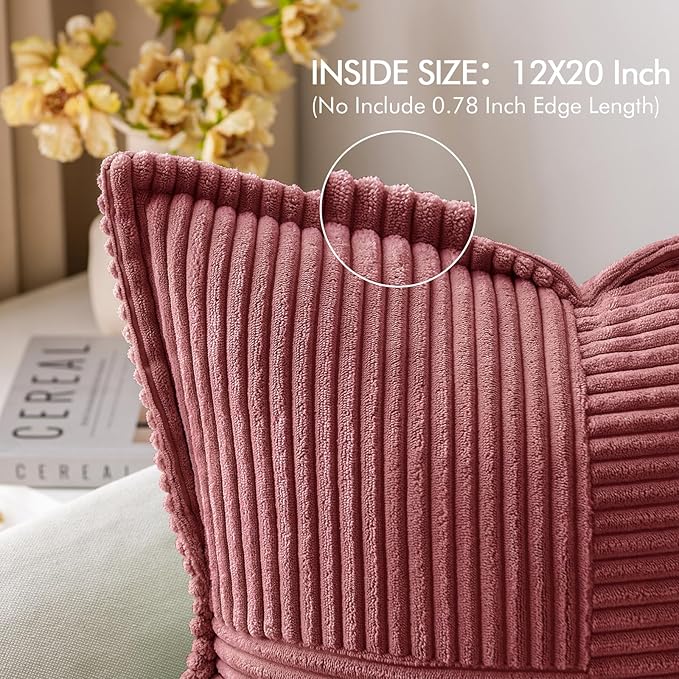 MIULEE Decorative Lumbar Throw Pillow Covers for Couch Bed Livingroom 12x20 Inch Set of 2 Cranberry Red Boho Accent Throw Pllows Broadside Striped Patchwork Soft Corduroy Pillowcases