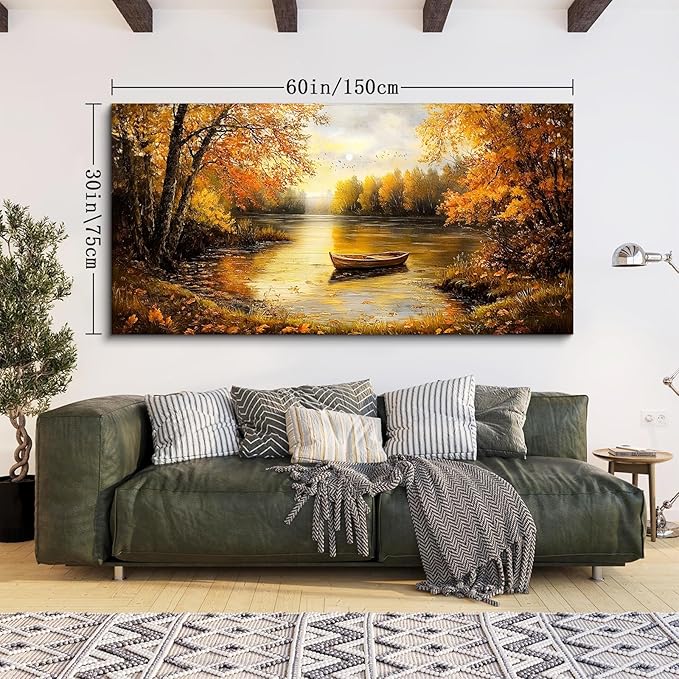 SERIMINO Fall Landscape Large Canvas Wall Art Living Room, Lake Boat Forest Art Prints, Autumn Scenery Nature Decor Pictures, Rustic Gold Paintings Wall Decor Bedroom, Office Decor 30"X60"