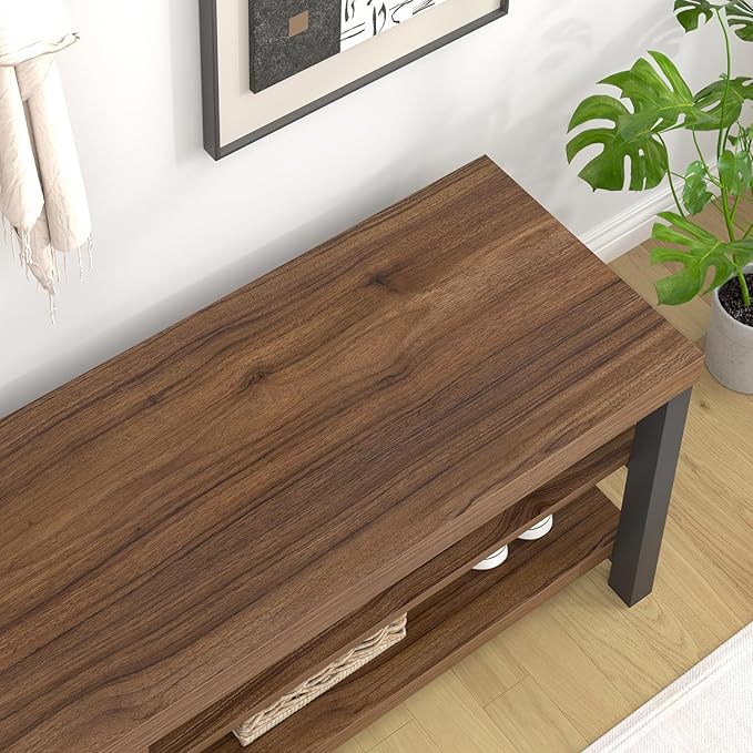 FOLUBAN Shoe Bench, Modern Wood and Metal Storage Bench for Entryway Hallway, Industrial Indoor Shoe Rack Bench Seat for Bedroom, Living Room, Rustic Walnut, 43.3 Inch