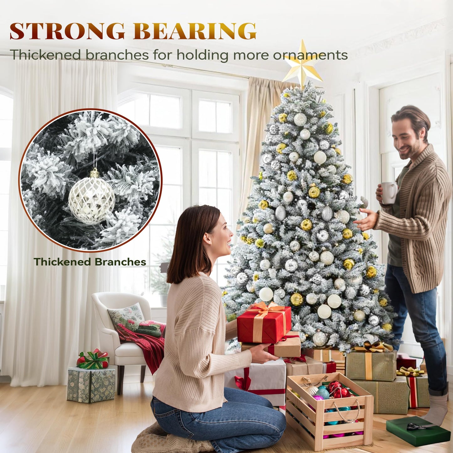 YITAHOME Prelit Snow Flocked Artificial Full Christmas Tree 9ft with Remote Control, Christmas Pine Tree with 11 Light-Modes, 2094 Branch Tips, and Foldable Base for Home, Party Decoration