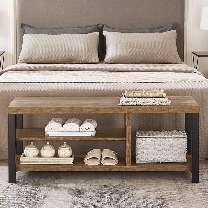 FOLUBAN Shoe Bench for Entryway, Wood and Metal Indoor Bench with Shoe Storage and Seating for Bedroom, Hallway, Living Room, Rustic Oak, 43.3 Inch
