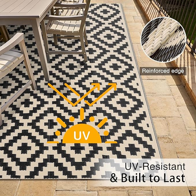 OLANLY Waterproof Outdoor Rug 4x6 ft, Outdoor Plastic Straw Rug for Camping, RV Mat Outside, Outdoor Carpet for Porch, Deck, Backyard, Balcony, Picnic, Black & Beige