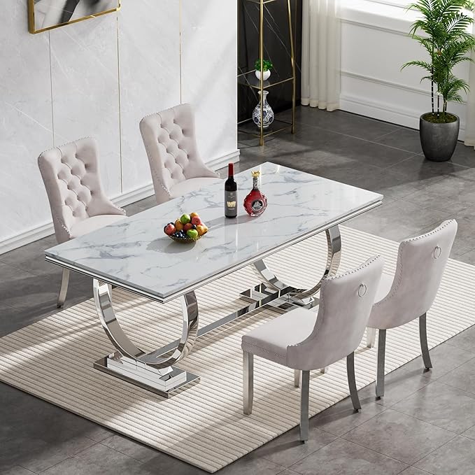 Goujxcy 5 Piece Marble Dining Table Set for 4, Luxury 70" White Marble Silver Kitchen Table with 4 Beige Velvet Upholstered Chairs, Modern 4 Person Dining Room Table Set for Kicken Dining Office Room