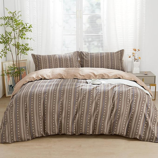 SAPHREAS Brown Stripe Duvet Cover Set Full Size 3pcs Floral Pattern Bedding Comforter Cover Set 100% Cotton 1 Duvet Cover 80"x90" 2 Pillow Shams, Comforter Not Included