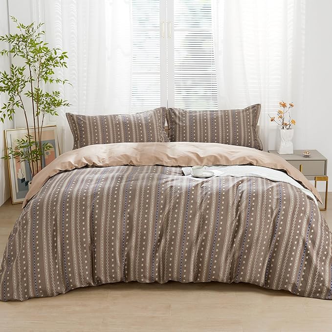 SAPHREAS Brown Stripe Duvet Cover Set Twin Size 2pcs Floral Pattern Bedding Comforter Cover Set 100% Cotton 1 Duvet Cover 68"x90" 1 Pillow Sham, Comforter Not Included