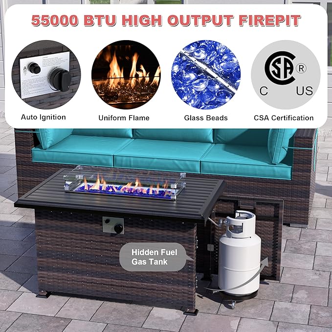 Kurapika 10 Pieces Patio Furniture Set, Rattan Wicker Outdoor Conversation Sets w/43in Propane Fire Pit Table and 4 Inch Cushion(Blue)