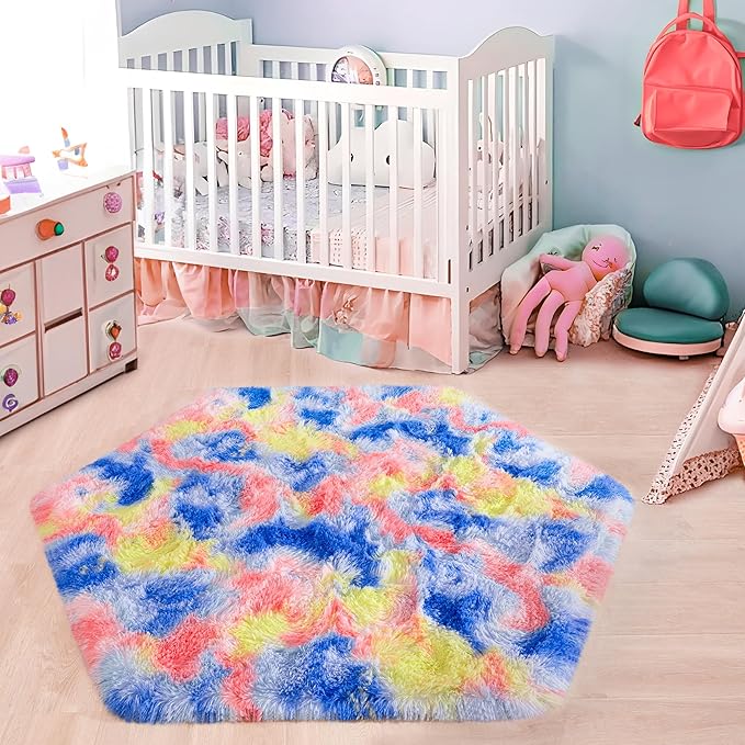 junovo Ultra Soft Hexagon Rug Fluffy Rainbow Nursery Rug for Princess Tent Kids Play Castle, Furry Hexagonal Carpet for Kids Girls Room Playhouse Classroom Dorm Home Decor, 4.6ft Tie-Dye Orange-Red