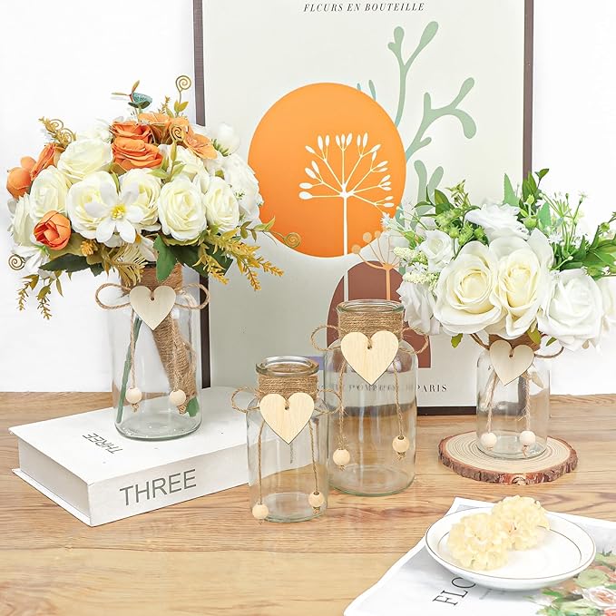 Vintage Glass Vases for Flowers, Set of 3 Mason Jar Vase Table Centerpieces for Farmhouse Room Decor, Wedding, Bridal Shower Bud Vase Set (Small)