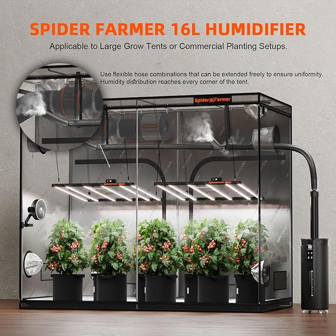 Spider Farmer 16L/4.2Gal Humidifier 1400ML/H Output for Grow Tent 2000 Sq.ft Large Room Plant Multi Extendable Hoses Splicing and Humidity Sensor Probe Cool Mist Quiet for Bedroom Greenhouse Indoor