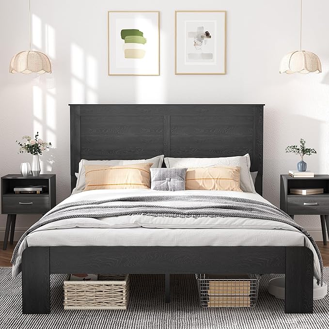 Queen Size Bed Frame, Vintage Platform Bed Frame with Wood Headboard and Footboard, 12 Wood Slats Support, No Box Spring Needed (Black)