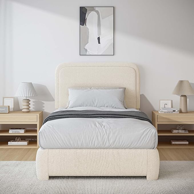 BarnFurin Twin Size Bed Frame,Cloud Boucle Upholstered Platform Bed Frame with Headboard, Modern Style, Soft Rounded Corners, No Box Spring Required, Easy Assembly, Cream
