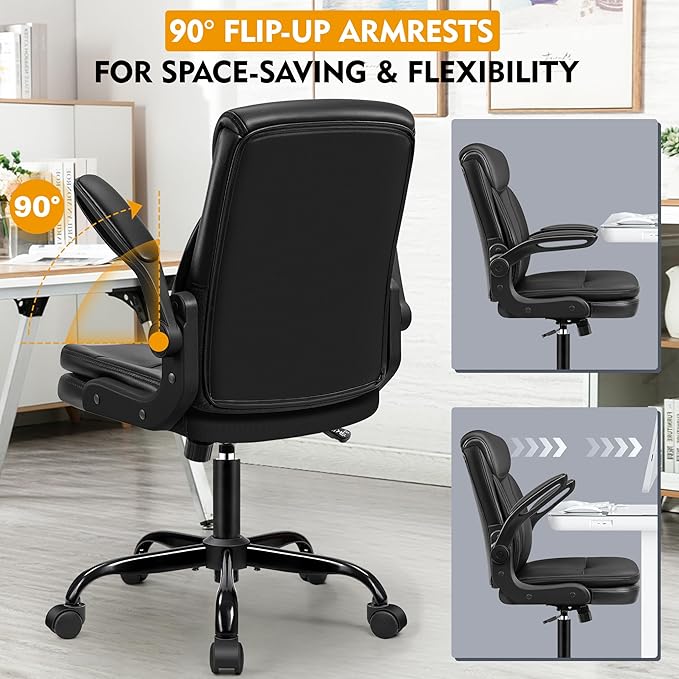 Office Chair Ergonomic Desk Chair - Premium Leather Executive Office Chairs with Lumbar Support Flip Up Armrests, Home Office Desk Chairs Computer Chair with Rocking Function Adjustable Height