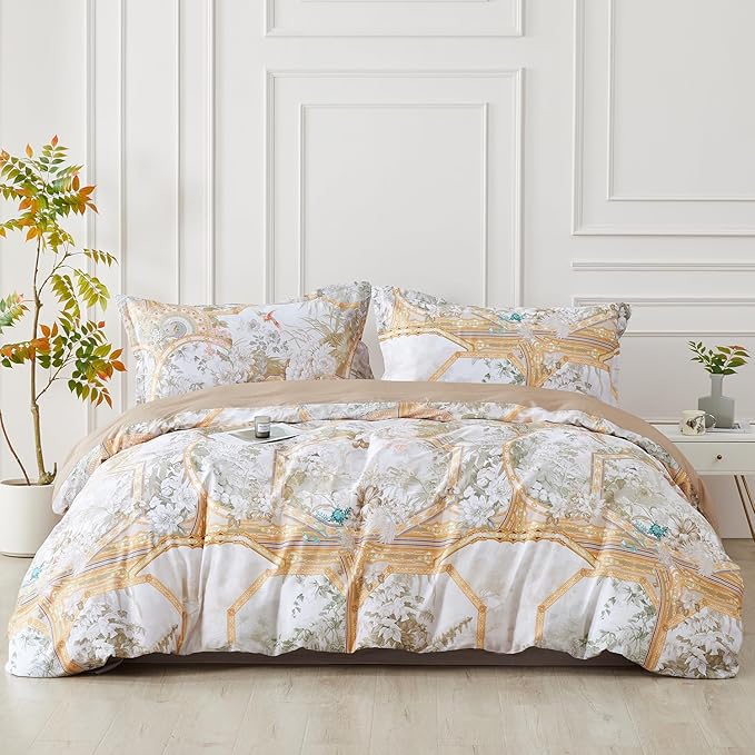 SAPHREAS Gold Floral Duvet Cover Set 2pcs Twin Size White Flower Botanical Blossom Bedding Comforter Cover Set 100% Cotton 1 Duvet Cover 68"x90" 1 Pillow Sham, Comforter Not Included