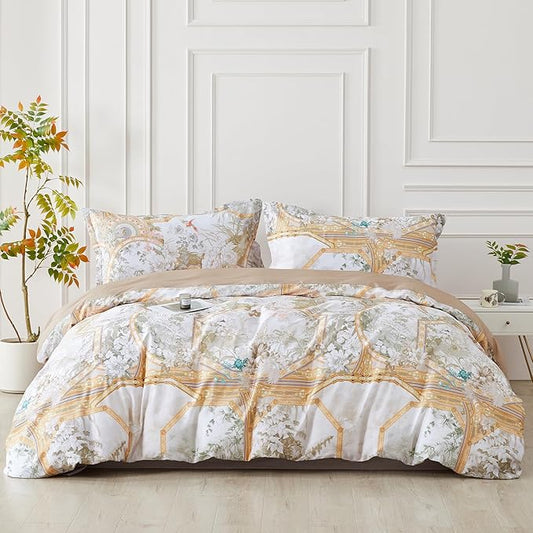 SAPHREAS Gold Floral Duvet Cover Set 2pcs Twin Size White Flower Botanical Blossom Bedding Comforter Cover Set 100% Cotton 1 Duvet Cover 68"x90" 1 Pillow Sham, Comforter Not Included