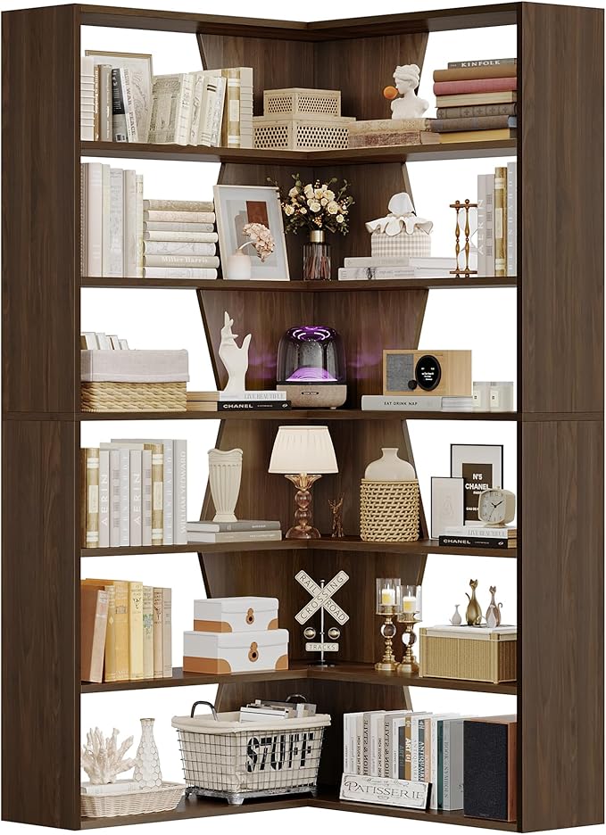 6-Tier Corner Bookshelf, Modern Bookshelf and Bookcase, Tall Bookcase Open Display Storage, L Shaped Corner Shelf for Library, Living Room, Home Office, Rustic Brown