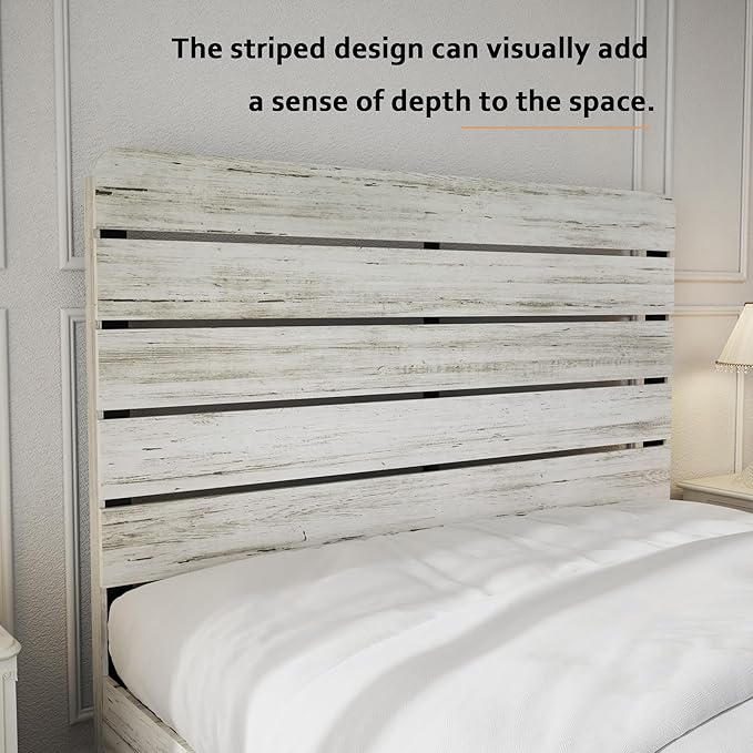 Rustic White Queen Size Wooden Bed Frame with Farmhouse Headboard, Solid Wood Platform Bed with Wood Slats, Noise-Free Structure, No Box Spring Needed