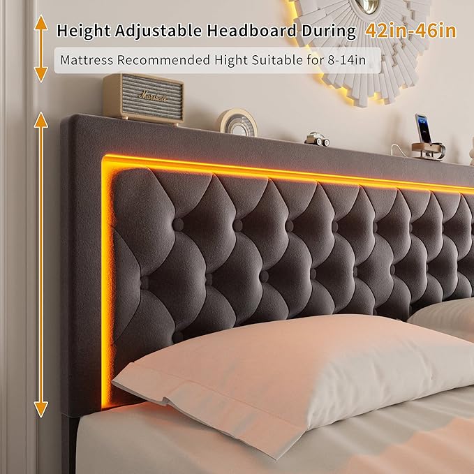 Queen Bed Frame with 4 Storage Drawers, Velvet Upholstered Bed Frame Queen Size with Charging Station and LED Lights, 46" Adjustable Button Tufted Headboard, No Box Spring Needed, Grey