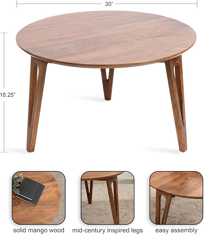 Kate and Laurel Kershaw Mid-Century Modern Round Coffee Table, 30 x 30 x 19, Walnut Brown, Transitional Circle Living Room Table with Solid Mango Wood Construction and Tapered Hairpin Legs