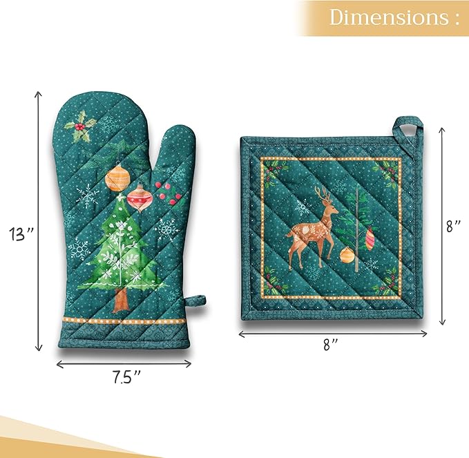 Maison d' Hermine 100% Cotton Oven Mitt & Pot Holder Set (7.5"x13" & 8"x8") Heat Resistant BBQ Cooking Gloves with Loop for Thanksgiving Christmas Decorations Handling Hot Pans (Hygge Christmas)