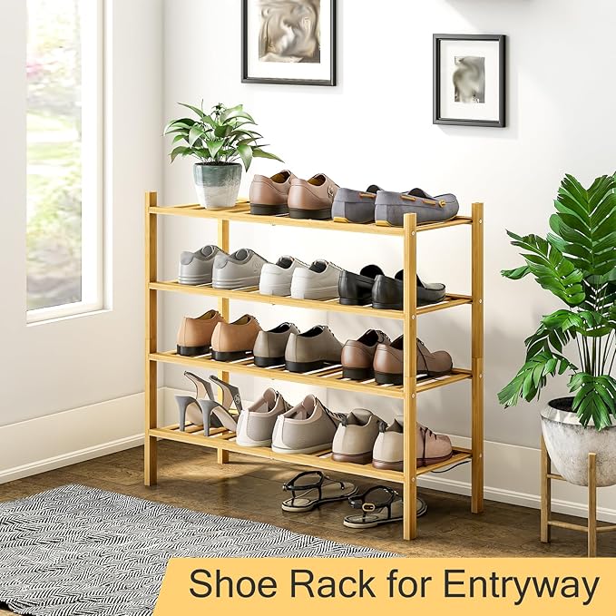 4-Tier Bamboo Shoe Rack for Entryway, Stackable | Heavy Duty | Multi-Function, Free Standing Shoe Racks for Bedroom Hallway Closet