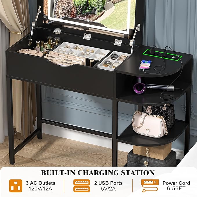 Cyclysio Vanity Desk with Flip Top Mirror and Lights, Makeup Vanity Desk with Drawers, Dressing Table with Storage Shelves & Charging Station, Small Vanity for Small Spaces, Black