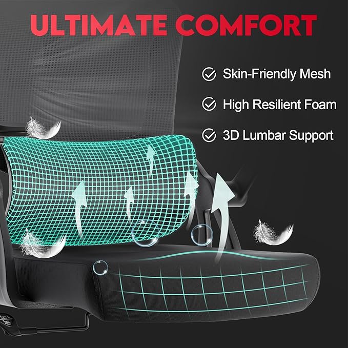 Big and Tall Ergonomic Office Chair - 400LB Comfy Desk Chairs with Headrest and Lumbar Back Support, Heavy Duty Mesh Computer Chair with Wheels and Arms for Home Office, Bedroom, Study Room