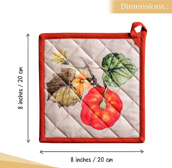 Maison d' Hermine Pot Holders 100% Cotton Heat Resistant Potholders 8" x 8" Hot Pads with Loop for Thanksgiving Christmas Decorations BBQ Cooking Baking Handling Hot Pans (Pack of 1, Potiron)
