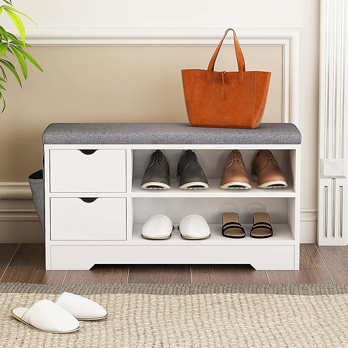 WelFurGeer Shoe Bench with Cushion, Entryway Bench with Storage, Shoe Bench Entryway with Storage, Shoe Rack with Bench White