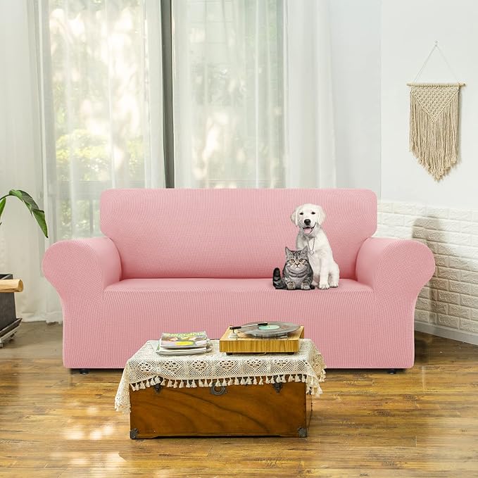 LURKA Stretch Loveseat Sofa Slipcovers 1 Piece Couch Covers for Sofa Furniture Protector Full Sofa Covers with Elastic Bottom for Kids and Dog (Medium, Pink)