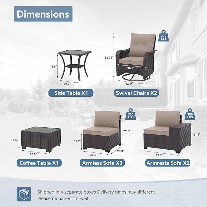 Kurapika 9 Pieces Patio Furniture Set, Rattan Wicker Sofa Set, Outdoor Conversation Sets w/Swivel Rocking Chairs Patio Sectional Sofa w/4 Inch Cushion, Sand