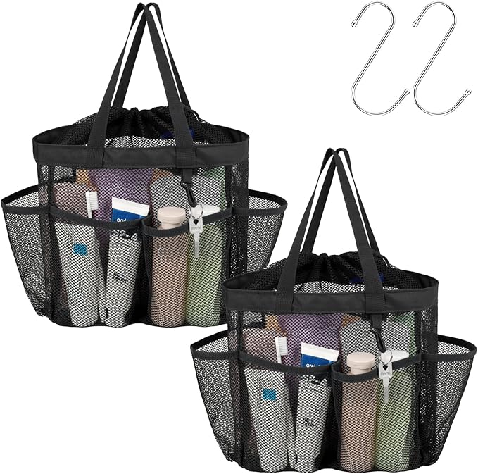 F-color Mesh Shower Caddy Portable with Drawstring - Upgrade Deeper 7 Pockets Dorm Room Essentials for Guys Girls with S Hook, Shower Bag Basket Tote for College Camping Bathroom, 2 Pack Black