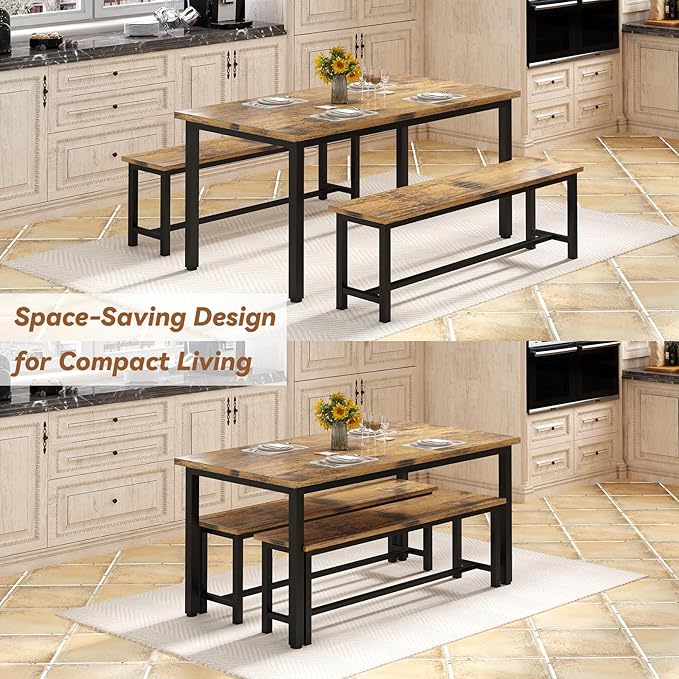 Recaceik Dining Table Set for 4 Kitchen Dining Room Set with 2 Dinner Benches, Farmhouse Breakfast Table for Apartment Small Space, Easy Assembly