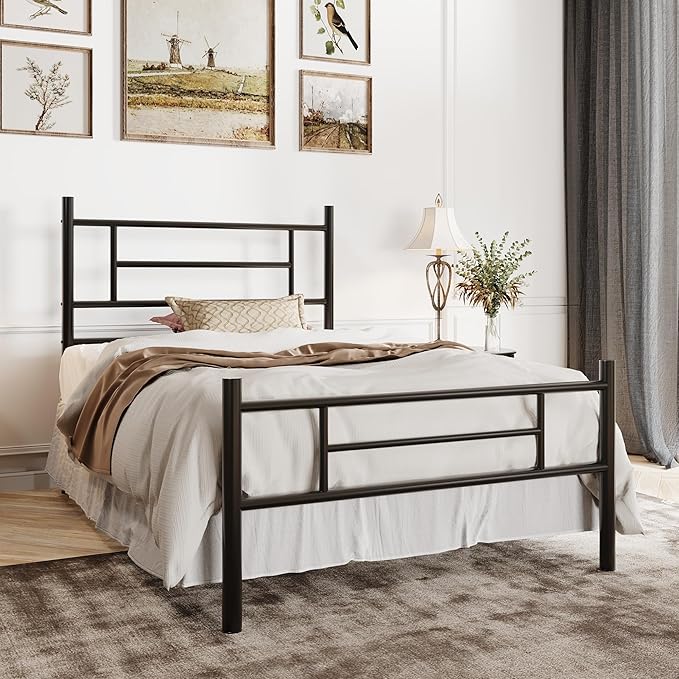SHA CERLIN 14 Inch Twin Size Metal Bed Frame with Iron-Art Headboard and Footboard,Under Bed Storage Space,Platform Bed with Metal Slats Support,Easy Assembly,Noise Free,No Box Spring Needed,Black
