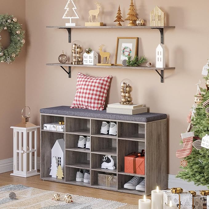 DINZI LVJ Shoe Storage Bench with Cushion, 14-Cubby Shoe Rack, Adjustable Shelves, Multifunctional Shoe Organizer Bench for Entryway, Mudroom, Hallway, Living Room, Bedroom and Garage, Greige