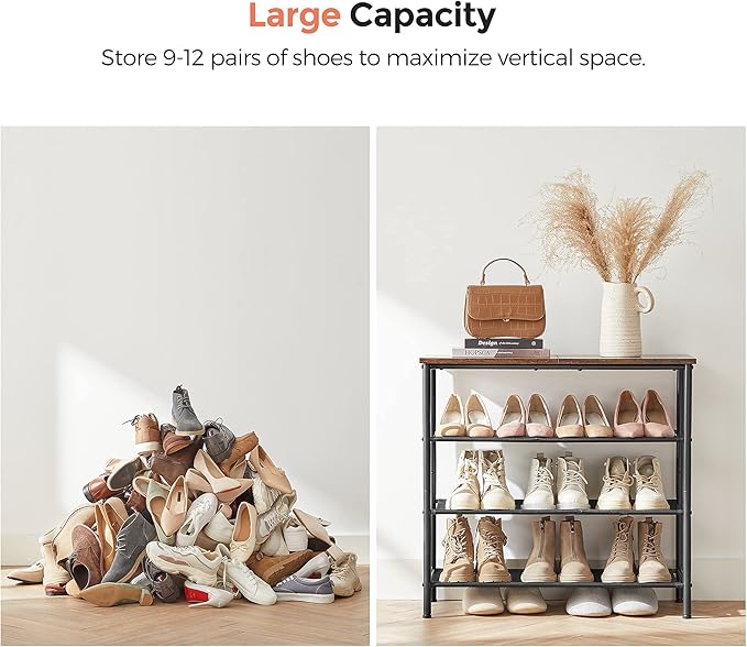 VASAGLE Shoe Rack, 4-Tier Shoe Storage Organizer for Entryway and Closet, Holds 9-12 Pairs of Shoes, 3 Fabric Shelves, Steel Frame, Industrial, Rustic Brown and Black ULBS035B01