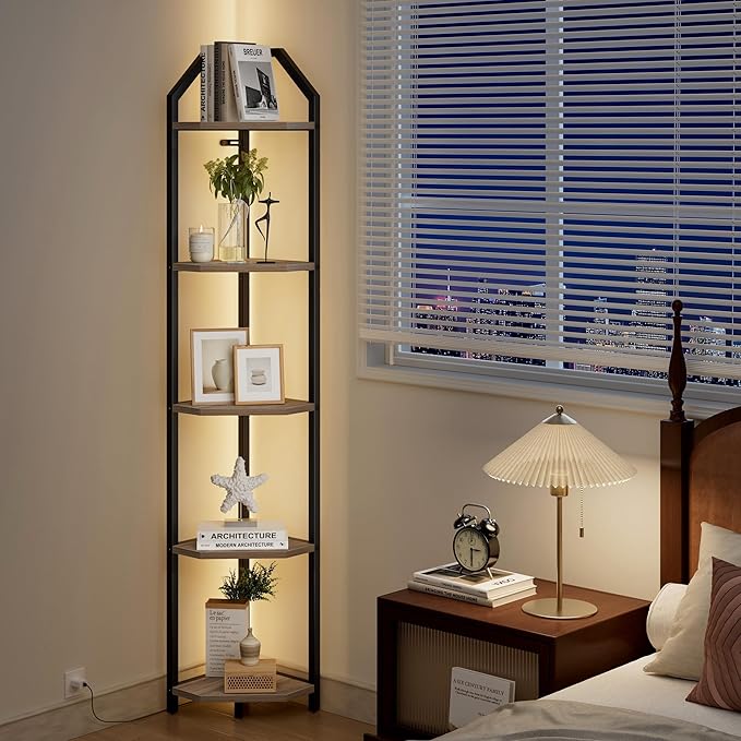 70 Inch Corner Shelf with LED Lights, 5-Tier Corner Bookshelf for Small Spaces, Wood & Metal Storage Rack for Bedroom, Living Room, Office - Modern Space Saving Design-Grey