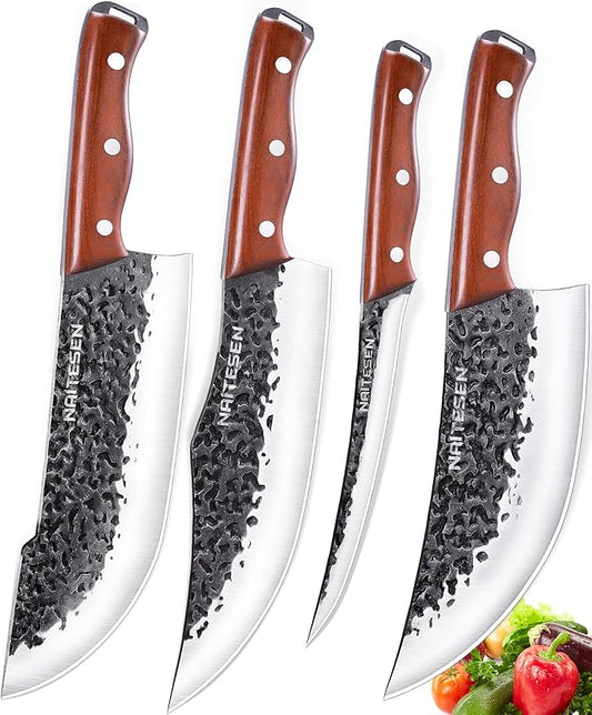 4PCS Butcher Knife and Kitchen Knife Set, Hand Forged Very Sharp for Meat Cutting Cooking BBQ Gifts for Men Women