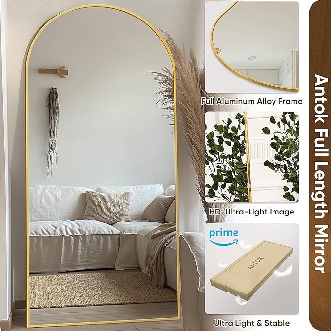 Antok Full Length Mirror, 71"x32" Floor Mirror with Stand, Hanging Mounted Mirrors for Bedroom, Living Room, Cloakroom, Dining Room, Gold, Arched