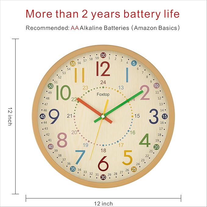 Foxtop Kids Wall Clock 12 Inch Silent Non-Ticking Battery Operated Colorful Childrens Wall Clock for Classroom Playroom Nursery Bedrooms Kids Room School